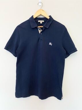Burberry Brit Mens M Navy Short Sleeve Polo Shirt Nova Check Trim